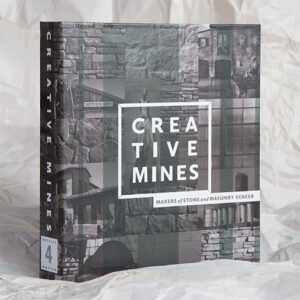 Creative Mines catalog binder titled “CREATIVE MINES – Makers of Stone and Masonry Veneer.” The cover design features a grayscale collage of stone textures, building facades, and architectural masonry details. The binder spine includes the label “DETAILS 4 MATTER.” It’s displayed standing upright on a crinkled white paper background.