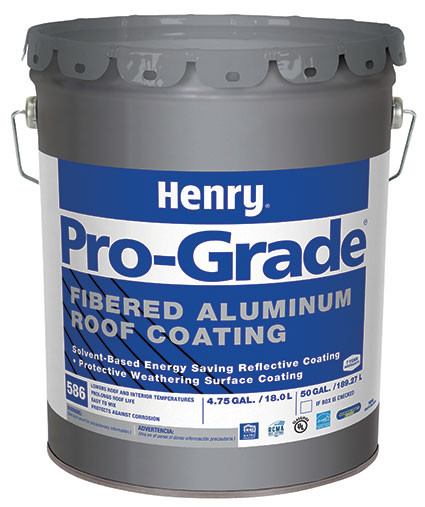 Metal bucket of Henry Pro-Grade Fibered Aluminum Roof Coating. The container is gray with blue and white labeling and features details like 'Solvent-Based Energy Saving Reflective Coating' and 'Protective Weathering Surface Coating.' It is marked as containing 4.75 gallons (18.0 L) and designed to protect roofs and lower interior temperatures. The product is labeled with the number 586.
