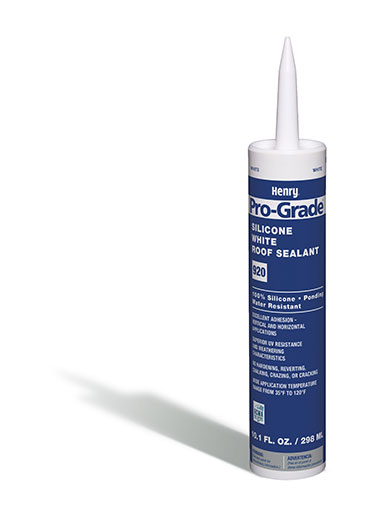 Tube of Henry Pro-Grade Silicone White Roof Sealant standing upright on a white background with a shadow cast to the left. The blue and white label displays key features including '100% Silicone,' 'Ponding Water Resistant,' and 'Weather Resistant.' The tube is 10.1 fluid ounces (298 mL) and is intended for professional roofing applications.