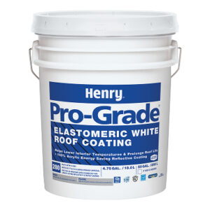 White 5-gallon bucket of Henry Pro-Grade Elastomeric White Roof Coating. The container is labeled in blue and white with product details, including 'Helps Lower Interior Temperatures & Prolong Roof Life' and '100% Acrylic Energy Saving Reflective Coating.' The bucket includes handles and is marked as containing 4.75 gallons (18.0 L).