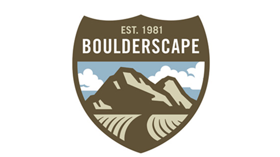 Boulderscape logo in the shape of a shield, featuring stylized mountains, clouds, and a sculpted landscape below. Text reads “EST. 1981 BOULDERSCAPE” in bold capital letters.