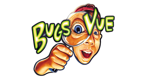 Bugs Vue logo featuring a cartoon boy holding a magnifying glass that enlarges one eye, with exaggerated expression and bold green text outlined in black.