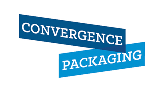 Convergence Packaging logo with the words “CONVERGENCE” and “PACKAGING” in white, uppercase letters on overlapping blue ribbon-style banners with a gradient effect.