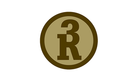 Circular R3 logo with a bold number “3” stacked above a capital “R,” both in dark brown on a tan background, surrounded by a thick border.