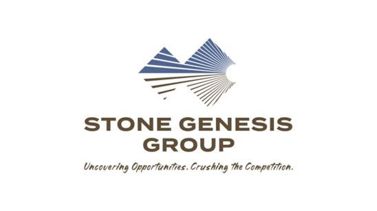 Stone Genesis Group logo with a stylized geometric mountain and sunburst graphic above bold block text. Tagline reads, “Uncovering Opportunities. Crushing the Competition.”