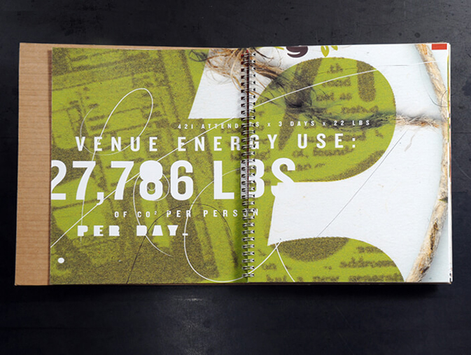 An open spread from a spiral-bound booklet for the AIGA Y13 Conference. The background features a bold green and white abstract design with rough textures and natural fiber rope. Prominently displayed in large white text is the environmental impact statement: “VENUE ENERGY USE: 27,786 LBS OF CO₂ PER DAY,” with a breakdown calculation above: “421 ATTENDEES × 3 DAYS × 22 LBS.” The design emphasizes environmental awareness and sustainability, core themes of the conference.