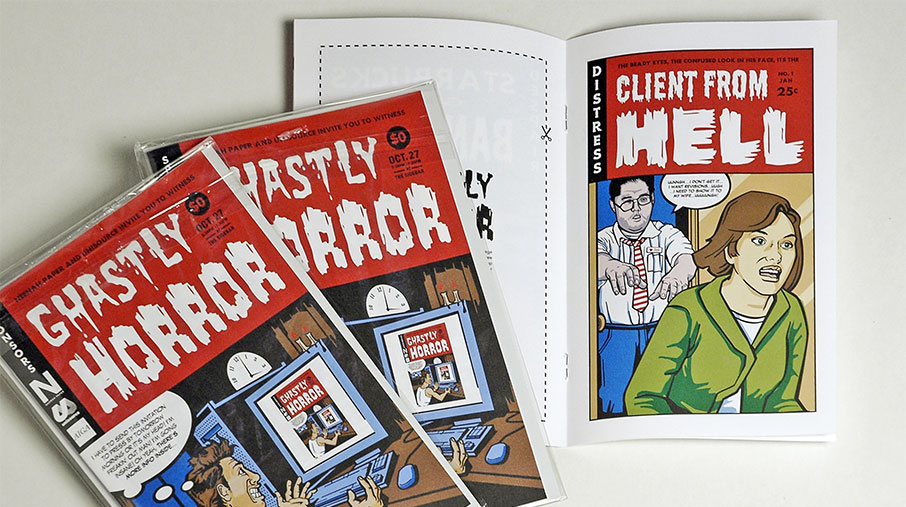 Comic book–style promotional materials designed as vintage horror comics. The covers read “Ghastly Horror” and depict a stressed office worker screaming at a computer screen, while the open spread shows a mock comic titled “Client From Hell” with exaggerated characters in a dramatic scene. The design mimics retro pulp horror aesthetics with bold colors, distressed typography, and satirical themes.
