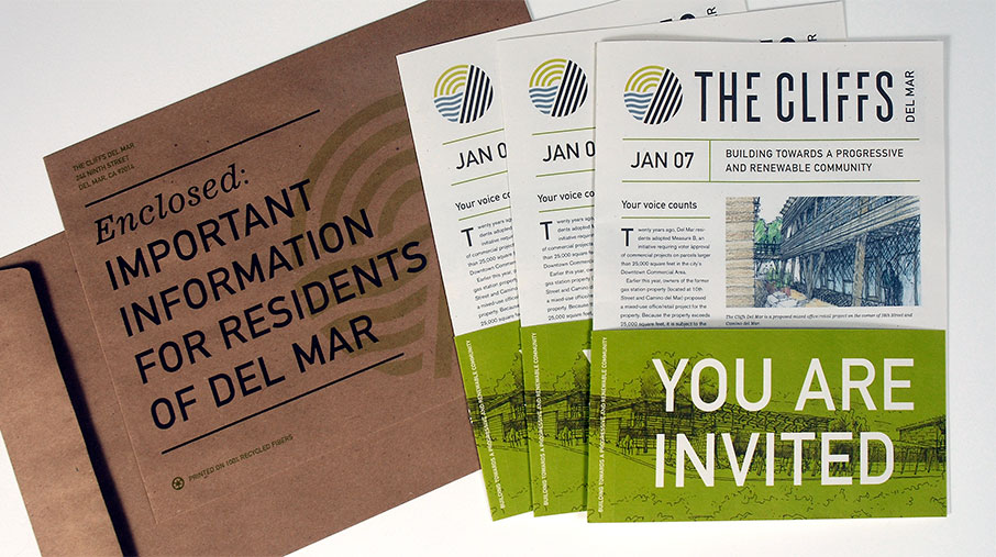 Community outreach materials for The Cliffs Del Mar, including a brown kraft envelope labeled “Important Information for Residents of Del Mar” and several printed newsletters. The newsletters, dated January 7, feature the headline “You Are Invited” in large white text on a green background, along with illustrations and articles about progressive and renewable community development.