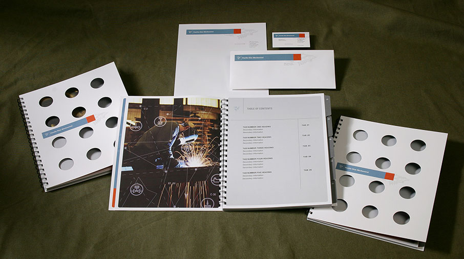A full set of branded proposal materials for PacRim Mechanical, arranged on a green fabric surface. The collection includes spiral-bound booklets with unique die-cut covers featuring circular holes, a binder open to a table of contents and a welding photo, and coordinating envelopes, letterhead, and business cards. All materials use a clean design with a blue and orange color scheme, featuring the PacRim Mechanical logo. The layout emphasizes organization, professionalism, and industrial expertise.