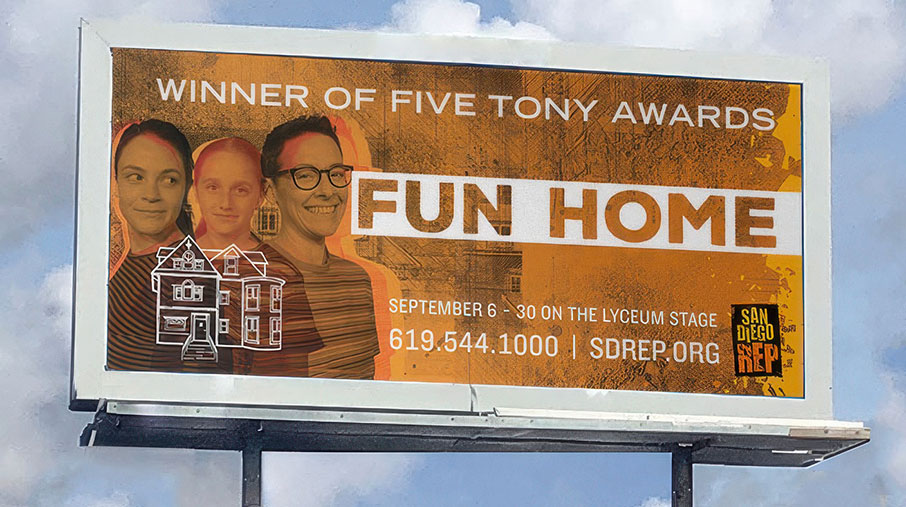 A billboard promoting San Diego REP’s production of “FUN HOME.” The design features a warm orange gradient with stylized portraits of three characters in striped shirts, symbolizing different stages of the same person’s life. Text reads: “WINNER OF FIVE TONY AWARDS” and “FUN HOME” in bold, with show dates “September 6–30 on the Lyceum Stage,” and contact information “619.544.1000 | SDREP.ORG.” The San Diego REP logo appears in the bottom right corner. The billboard stands against a cloudy sky background.